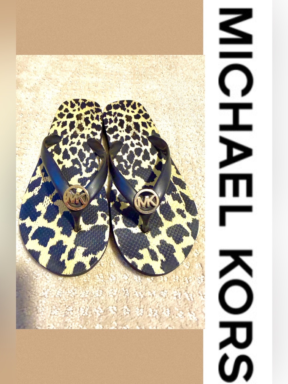 Michael Kors Leopard Print MK Logo Flip Flops - Black & Tan